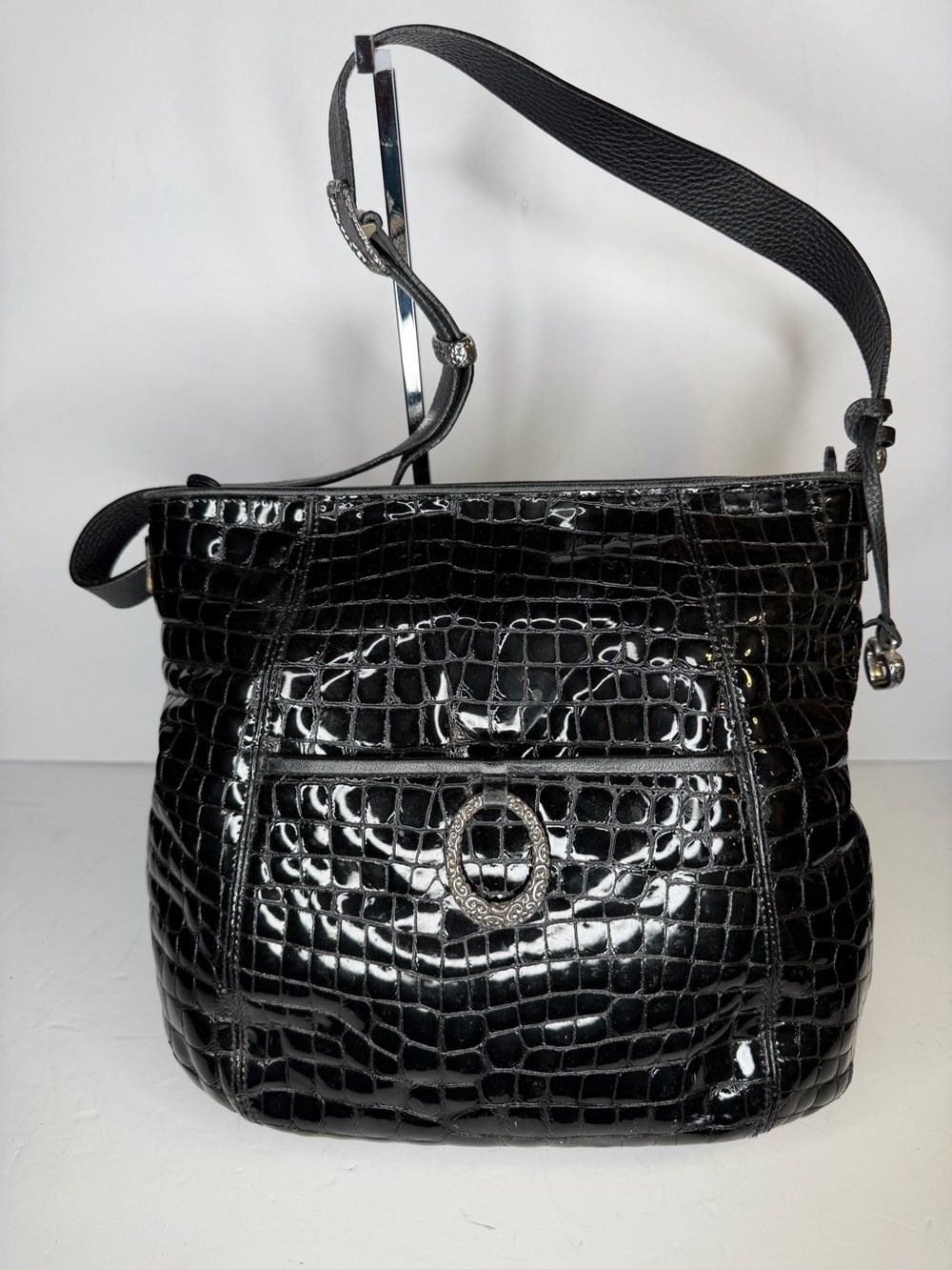 Brighton Black Croc-Embossed Shoulder Bag with Silver Accent